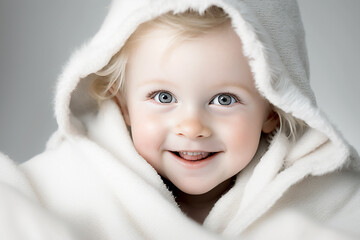 Smiling Baby under cozy white blanket, bright background. generative AI