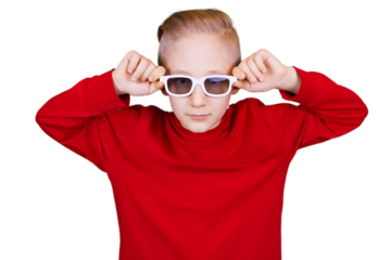 a boy on a transparent background took his glasses with his hands