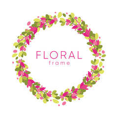 Spring pink and green floral frame. Invitation template