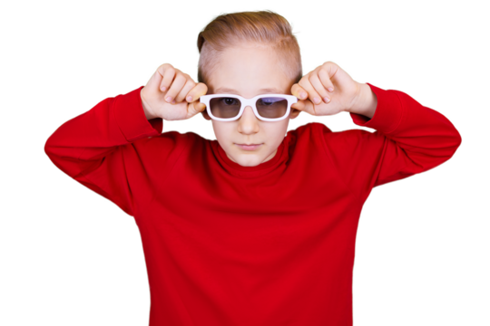 a boy on a transparent background took his glasses with his hands