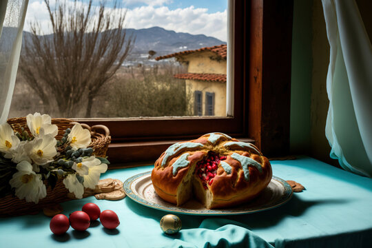 Traditional Easter bread, Austrian Osterzopf, Greek tsoureki, and red eggs are displayed in a still life on a table covered in linen with a view of a spring window. Generative AI