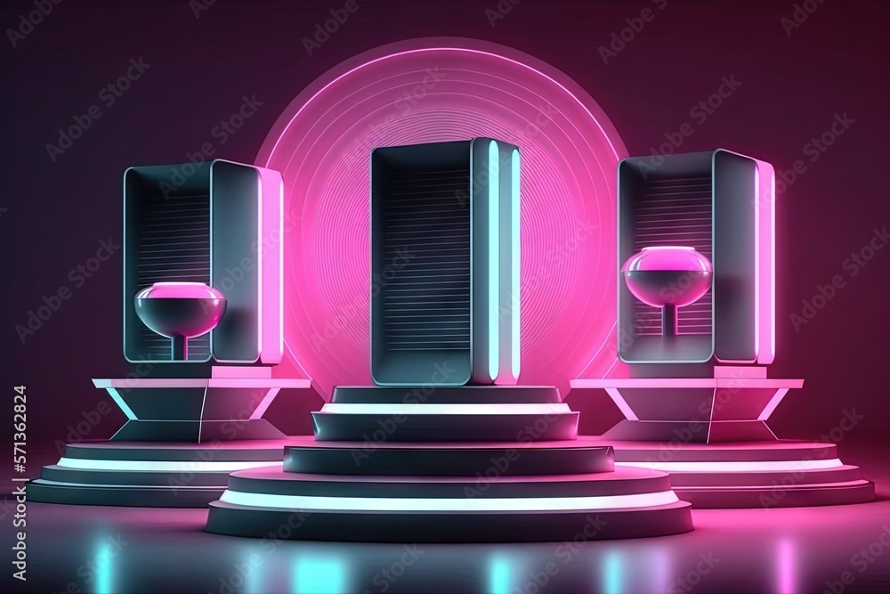 Poster sci fi product display podium with a pink neon glow in the background. concept of technology and obj