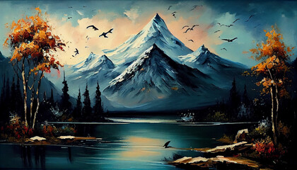 Montaña, majestuosa, romanticismo, Río, tranquilo, impresionista, Pájaros, libres, expressionista. - obrazy, fototapety, plakaty