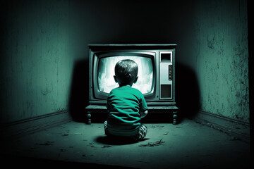 A boy watching a horror movie - generative AI - 571362839