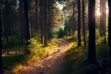 path in the middle of the forest illuminated by sunlight and morning dew, GENERATIVE AI