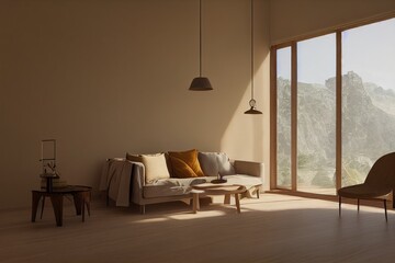 Earth Tone Organic Living Room Interior with Neutral Palette and Hanging Pendant Lights and Mountain View Made with Generative AI