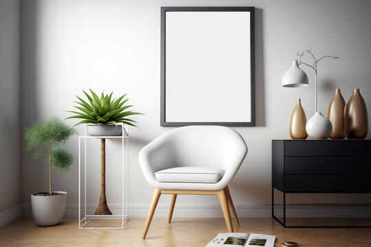 Black empty frame mockup on the white wall and modern minimalist room,3D rendering.Poster frame.Created with generative ai
