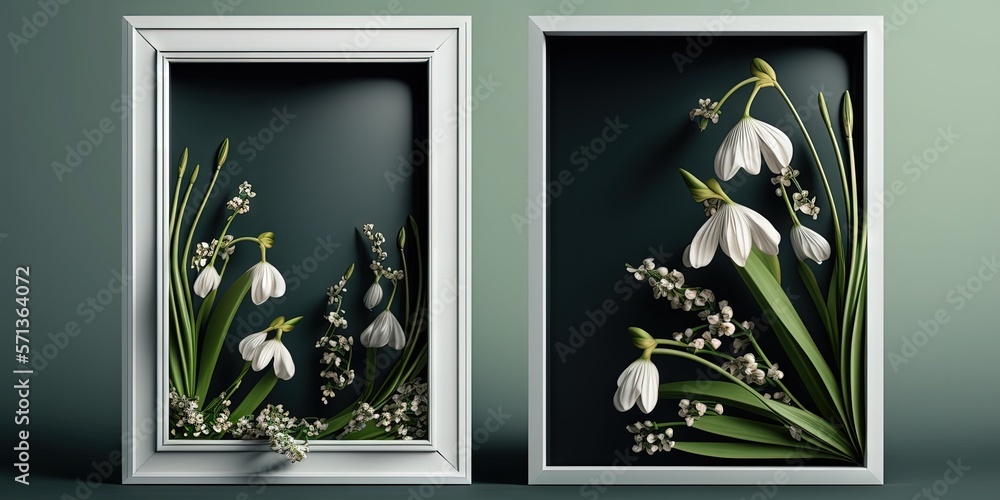 Poster an artistic layout featuring snowdrop flowers and a frame was created. spring minimalistic design. g