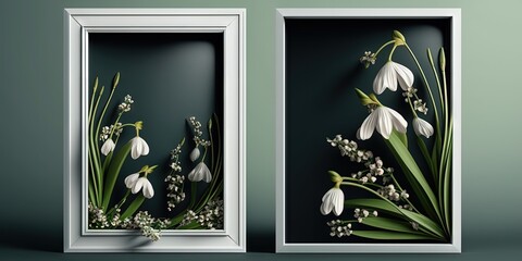 An artistic layout featuring snowdrop flowers and a frame was created. Spring minimalistic design. Generative AI