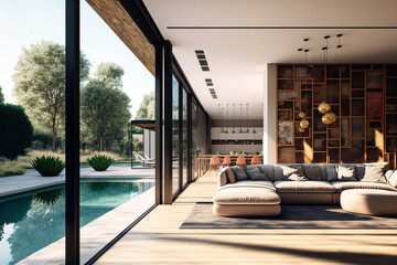 With a background of a pool terrace and brown furnishings, the interior of a modern home features a huge open sliding door that looks out into a swimming pool and the surrounding landscape. Generative