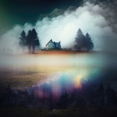 Fototapeta na wymiar spectral fog wrapping the land, fantasy art, AI generation.