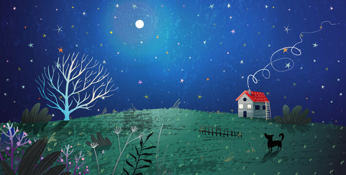 House with smoking chimney at night under the stars. Magic dark landscape fantasy background for kids. Fairytale or bedtime story cartoon for children. Hand drawn artistic textured vector illustration