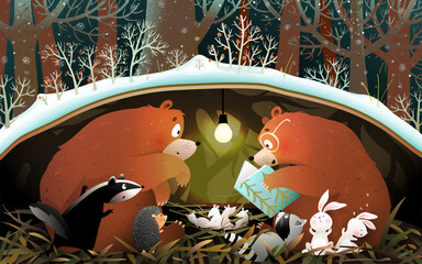 Bear reading a story book to friends animals bunny badger and raccoon in the forest den or burrow. Cute kids animals friends reading book under the forest. Cute vector illustration for children.