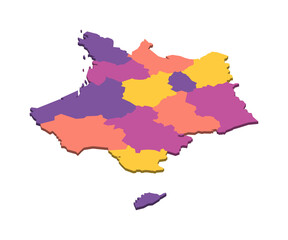 France political map of administrative divisions - regions. Isometric 3D blank vector map in four colors scheme.