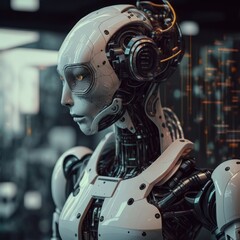 Fototapeta premium AI-controlled robots, replacing humans in the workforce existential threat of humanity, AI generation.