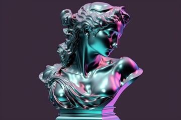 Female bust in abstract illustration made of chrome metal with gradient background in vaporwave hues. Generative AI
