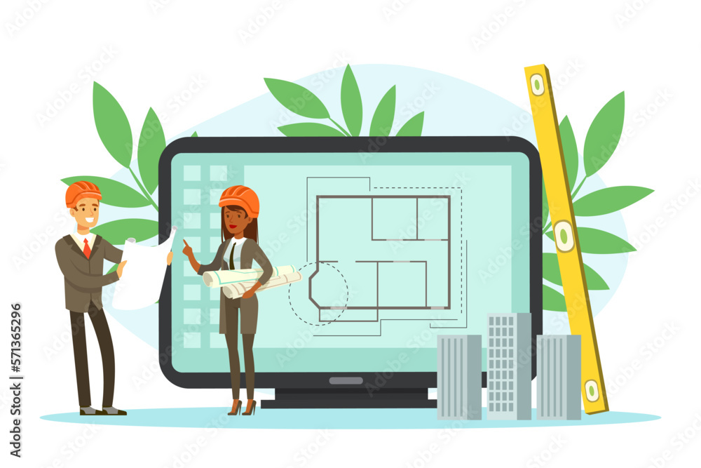 Poster man and woman architect discussing project and blueprint drawing for house engineering vector illust