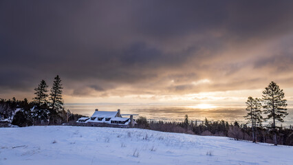 Charlevoix, sunrise on the St. Lawrence coast, typical landscape of the village of Cap-à-l'aigle.