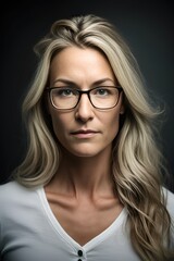 Fototapeta premium Attractive Mid aged woman using eyeglasses wearing a white shirt looking at the camera. Generative AI