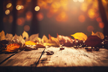 Autumn Table - Orange Leaves And Wooden Plank At Sunset, Generative ai