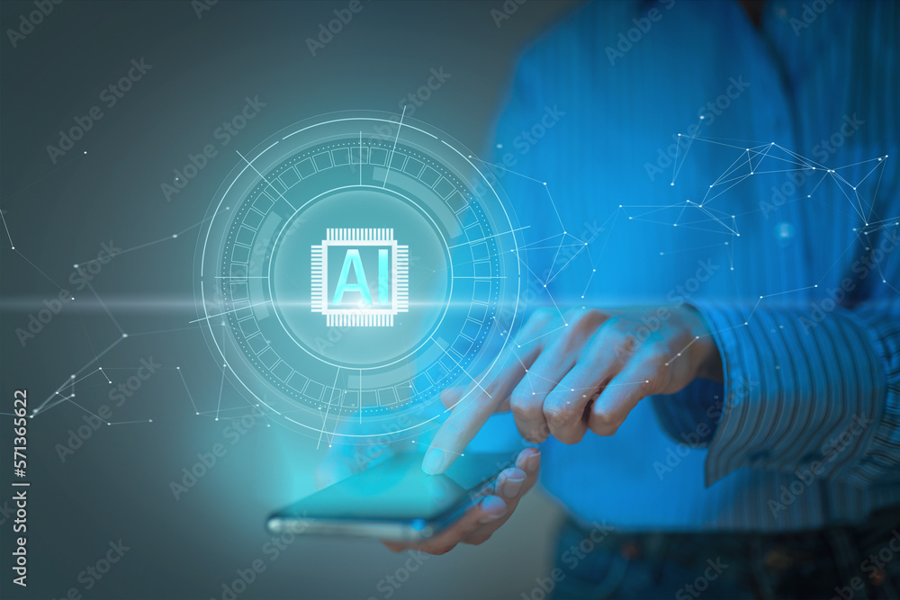 Poster machine learning technology, woman touching screen of smartpone with virtual graphic, artificial int