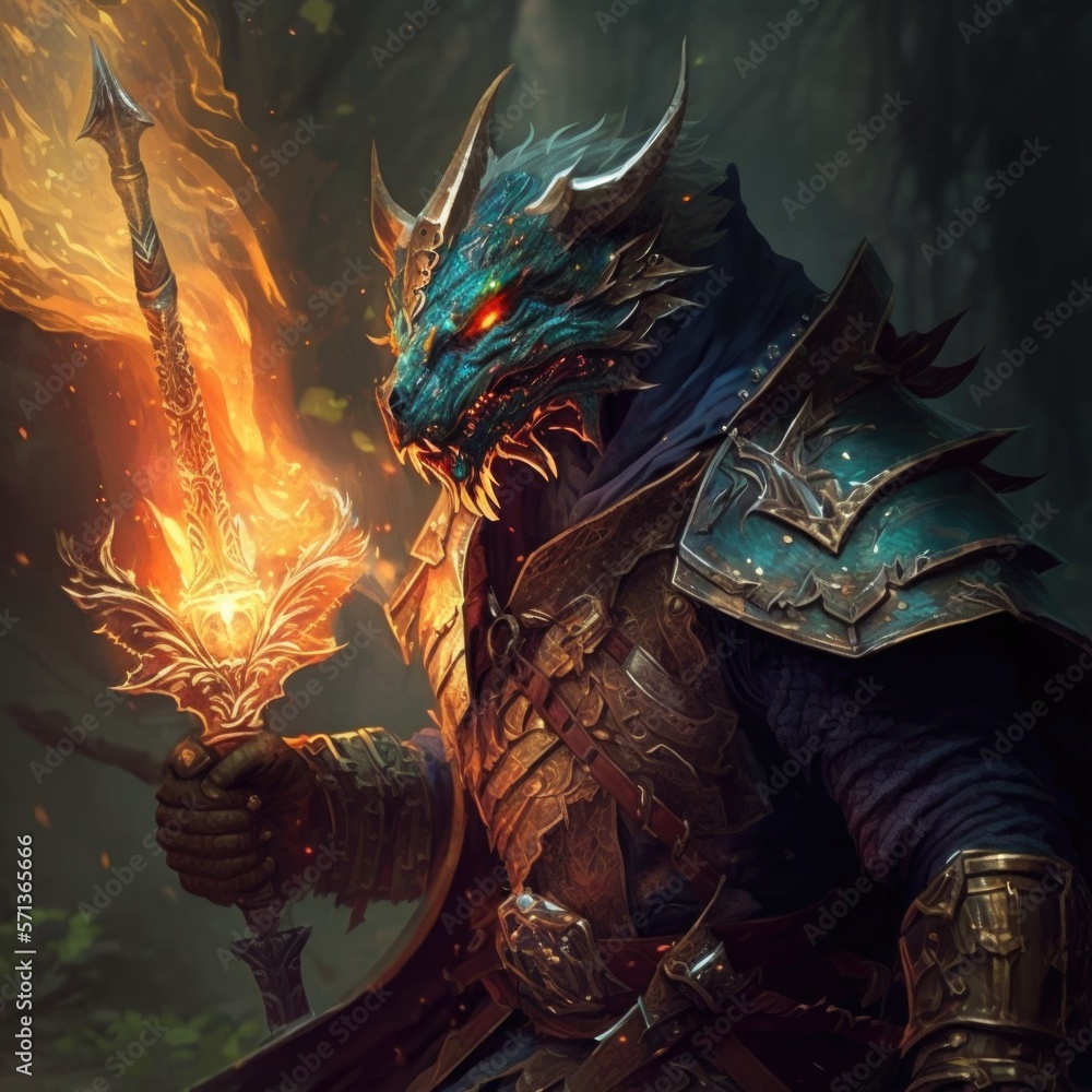 Wall mural dragonborn warrior wielding a magical blade, fantasy art, ai generation.