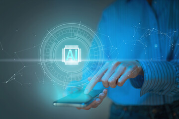 Machine learning technology, woman touching screen of smartpone with virtual graphic, artificial intelligence