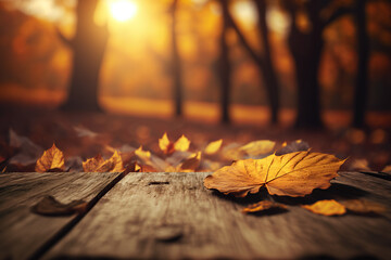 Naklejka na ściany i meble Autumn Table - Orange Leaves And Wooden Plank At Sunset, Generative ai