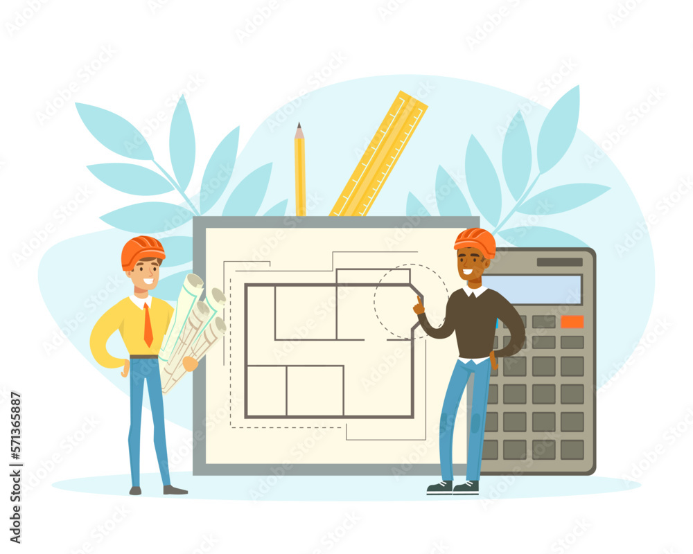 Poster man architect in hard hat discussing project and blueprint drawing for house engineering vector illu