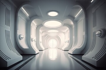 illustration of a whole 360 degree space ship corridor with a futuristic white decor. Generative AI