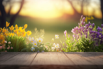 Spring Table - Spring flowers And Wooden Plank At Sunset , Generative ai