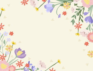 Combo of bright posters with spring flowers, tulip, crocus, lavender and green leaves. Postcards Spring flowering. Ideal for banners, cards, posters. Vector illustration.