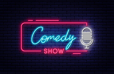 Comedy show neon signboard. Stand up comedy show neon light sign with glowing letters and microphone. Bright banner and poster template for comedy night, stand up battle and open mic show. Vector - obrazy, fototapety, plakaty