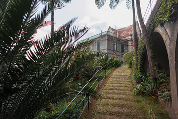 Fototapeta na wymiar Beautiful Monte Palace in a garden with palm trees, trees and bushes with stairs