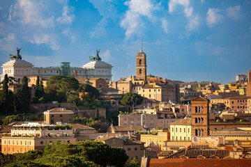 Obraz premium Rome skyline, Italy, Europe. Cityscape and skyline of Rome, scenic view National Monument to Victor Emmanuel II of Rome town in summer. Italian landscape, nice panorama of old Roma city.