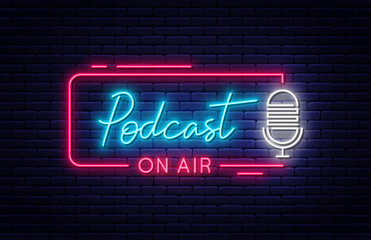 Podcast neon signboard. Podcast on air neon light sign with glowing letters and microphone. Bright banner and poster template for live interview, broadcast and podcast. Vector - 571366260