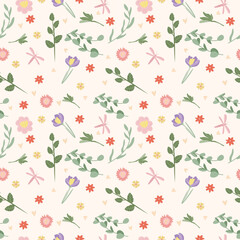 Spring seamless pattern with colored flowers, green leaves, butterfly, hearts. Spring bloom and luxury. Floral pattern can be used as textile, fabric, wallpaper, banner, etc. Vector.