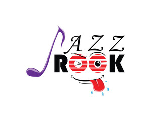 design vector illustration of red and black and purple cartoon colors inscribed JAZZ and ROCK where in the inscription ROCK there is a face with a smile while sticking out his tongue and the letter J 