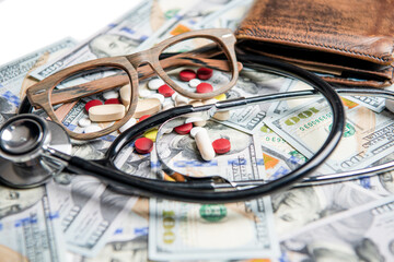 photo of medicine finance money and glasses. medicine finance concept. money for medicine finance