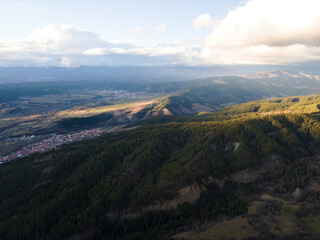 Aerial sunset view of Rhodopes mountain, Babyak,Bulgaria