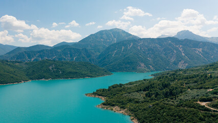 Naklejka na ściany i meble Picturesque landscape view of lake and mountains in Central Greece, Evrytania region. Lake Kremaston.