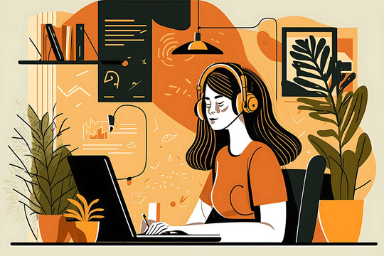 Flat vector illustration Young woman doing online learning webinar using computer at home. Female student or remote worker with headset working remotely via laptop studying online, having meeting, vir