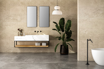 Bright minimal bathroom interior with white marble basin and double mirrors, bathtub, plant, concrete floor, beige tiles wall. Bathing accessories and pendant lights in hotel studio. 3D rendering