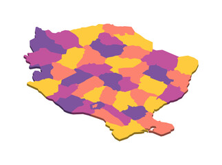 Romania political map of administrative divisions - counties and autonomous municipality of Bucharest. Isometric 3D blank vector map in four colors scheme.
