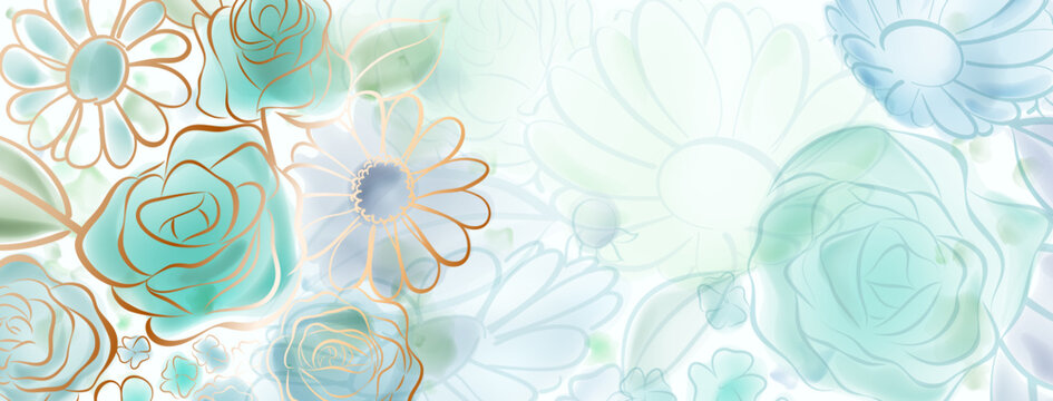 Background of colorful flowers painted with watercolors and a calligraphic brush