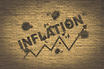 The word inflation on the wall  old style pictures  with the word inflation and an arrow pointing up, the concept of inflation, the Fed, crisis, pandemic, economic crisis, etc.