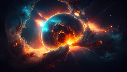 Fantastic space background. An exploding planet against a background of bright nebulae. Space view of a supernova. Fictional galaxy. Generative Ai.