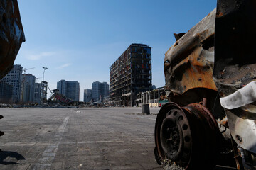 Russian missile destroyed cars and shopping center Retroville in Kyiv, Ukraine