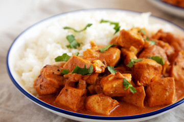 Homemade Easy Indian Butter Chicken with Rice on a Plate, low angle view. Close-up.