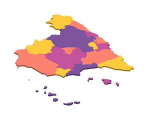 Spain political map of administrative divisions - autonomous communities and autonomous cities of Ceuta and Melilla. Isometric 3D blank vector map in four colors scheme.